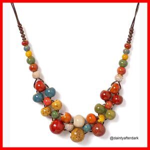 Ceramic Beaded Statement Necklace, Adjustable Length, Handwoven Design